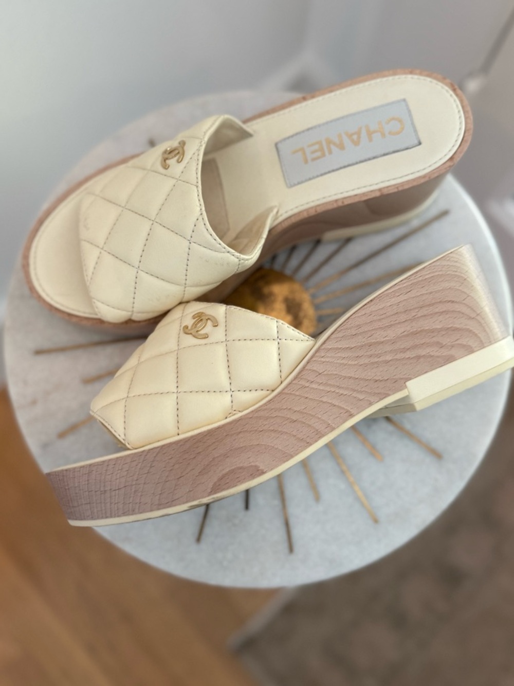 CHANEL Cream Quilted Slide Mules with Gold CC Emblem - Picture 3 of 5
